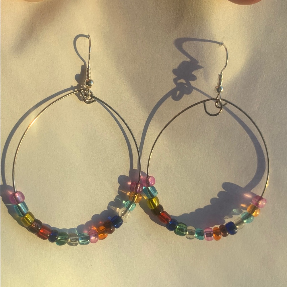 Multicolor Rainbow Color Glass Bead Hoop Earrings  Handmade by Paula